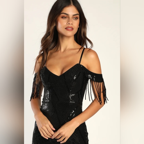 Spellbinding Scene Black Sequin Beaded Fringe Mermaid Maxi Dress - Picture 2 of 5